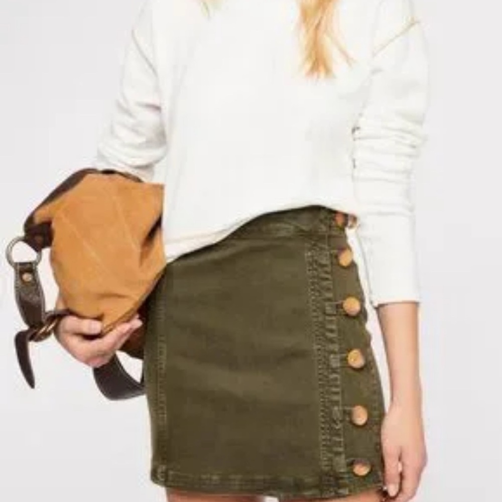 Free People Olive Button-Accent Skirt